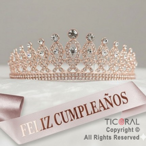 SET VINCHA Y BANDA FELIZ CUMPLEA�OS PIEDRAS Y STRASS ROSA GOLD (10548D) X 1